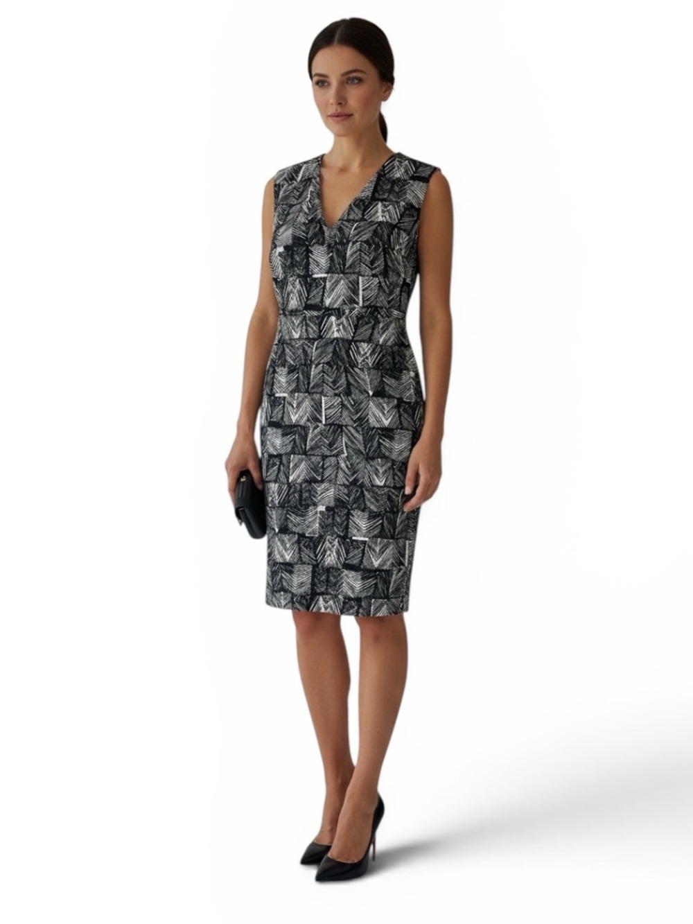 Max Mara Sleeveless Cotton Sheath Dress White Black Stretch Sz 14 V-neck Classic